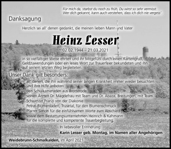 Traueranzeige von Heinz Lesser von Südthüringer Presse