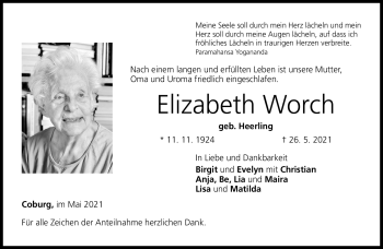 Traueranzeige von Elizsabeth Worch von Neue Presse Coburg