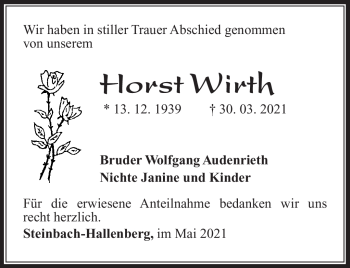 Traueranzeige von Horst Wirth von Südthüringer Presse