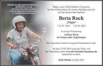 Traueranzeige von Berta Ruck von Südthüringer Presse