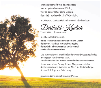 Traueranzeige von Berthold Kaulich von Südthüringer Presse