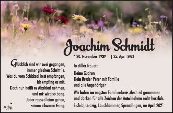 Traueranzeige von Joachim Schmidt von Südthüringer Presse