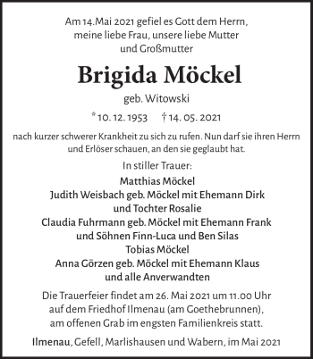 Traueranzeige von Brigida Möckel von Südthüringer Presse