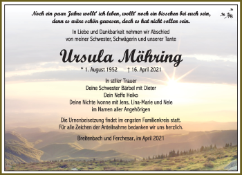 Traueranzeige von Ursula Möhring von Südthüringer Presse