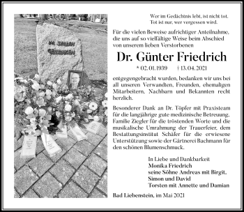 Traueranzeige von Friedrich Günter von Südthüringer Presse