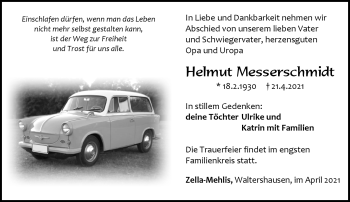 Traueranzeige von Helmut Messerschmidt von Südthüringer Presse