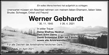 Traueranzeige von Werner Gebhardt von Südthüringer Presse