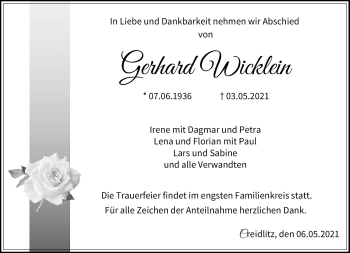 Traueranzeige von Gerhard Wicklein von Neue Presse Coburg