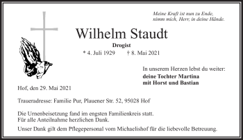 Traueranzeige von Wilhelm Staudt von Frankenpost
