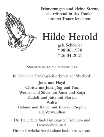 Traueranzeige von Hilde Herold von Frankenpost