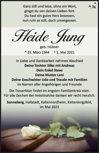 Traueranzeige von Heide Jung von Südthüringer Presse