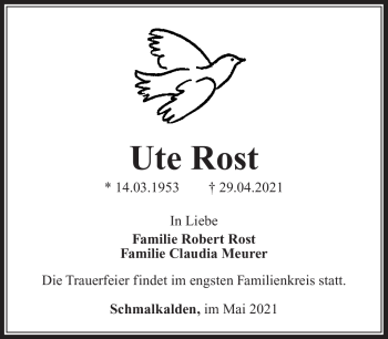 Traueranzeige von Ute Rost von Südthüringer Presse