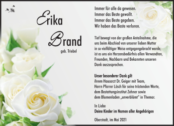 Traueranzeige von Erika Brand von Südthüringer Presse