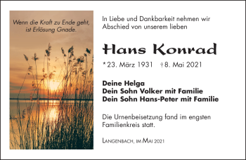 Traueranzeige von Hans Konrad von Südthüringer Presse