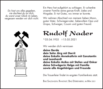 Traueranzeige von Rudolf Nader von Südthüringer Presse