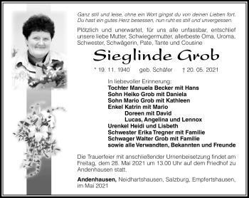 Traueranzeige von Sieglinde Grob von Südthüringer Presse
