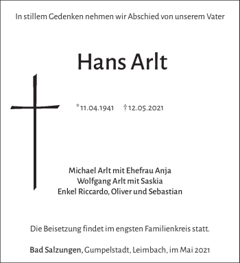 Traueranzeige von Hans Arlt von Südthüringer Presse
