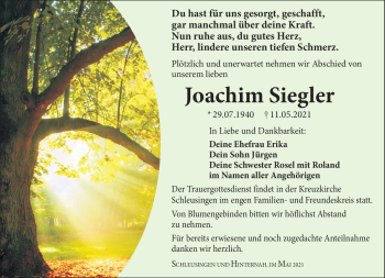 Traueranzeige von Joachim Siegler von Südthüringer Presse