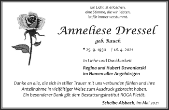 Traueranzeige von Anneliese Dressel von Südthüringer Presse