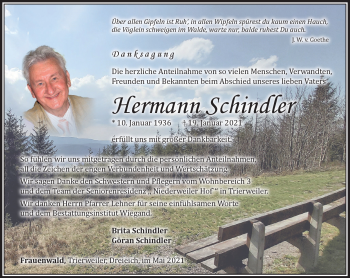 Traueranzeige von Hermann Schindler von Südthüringer Presse