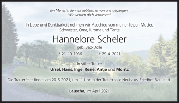 Traueranzeige von Hannelore Scheler von Südthüringer Presse