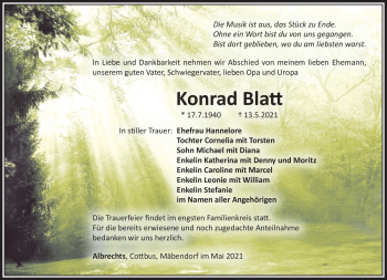 Traueranzeige von Konrad Blatt von Südthüringer Presse