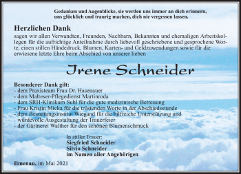 Traueranzeige von Irene Schneider von Südthüringer Presse