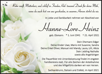 Traueranzeige von Hanne-Lore Heinz von Südthüringer Presse