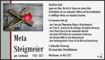 Traueranzeige von Meta Steigmeier von Südthüringer Presse
