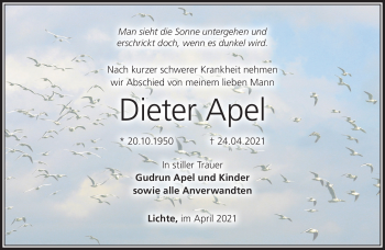 Traueranzeige von Dieter Apel von Südthüringer Presse
