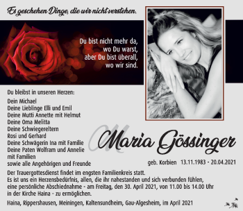 Traueranzeige von Maria Gössinger von Südthüringer Presse