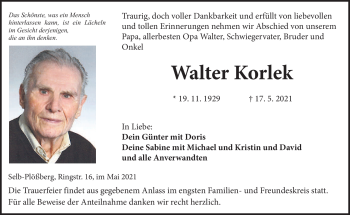 Traueranzeige von Walter Korlek von Frankenpost