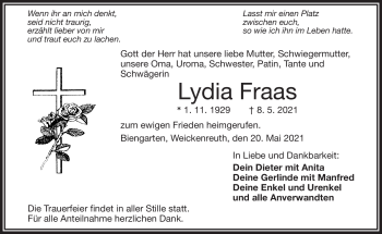 Traueranzeige von Lydia Fraas von Frankenpost
