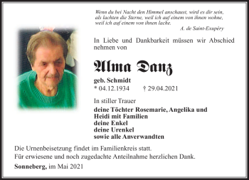 Traueranzeige von Alma Danz von Südthüringer Presse