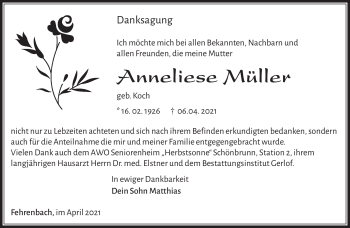 Traueranzeige von Anneliese Müller von Südthüringer Presse
