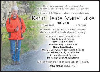 Traueranzeige von Karin Heide Marie Talke von Südthüringer Presse