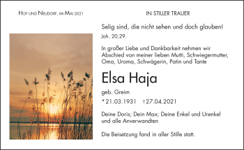 Traueranzeige von Elsa Haja von Frankenpost