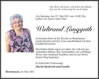 Traueranzeige von Waltraud Langguth von Südthüringer Presse