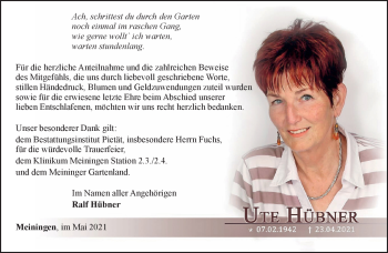 Traueranzeige von Ute Hübner von Südthüringer Presse