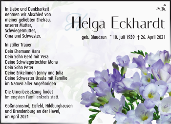 Traueranzeige von Helga Eckhardt von Südthüringer Presse