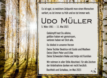 Traueranzeige von Udo Müller von Südthüringer Presse