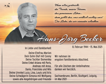 Traueranzeige von Hans-Jörg Becker von Südthüringer Presse