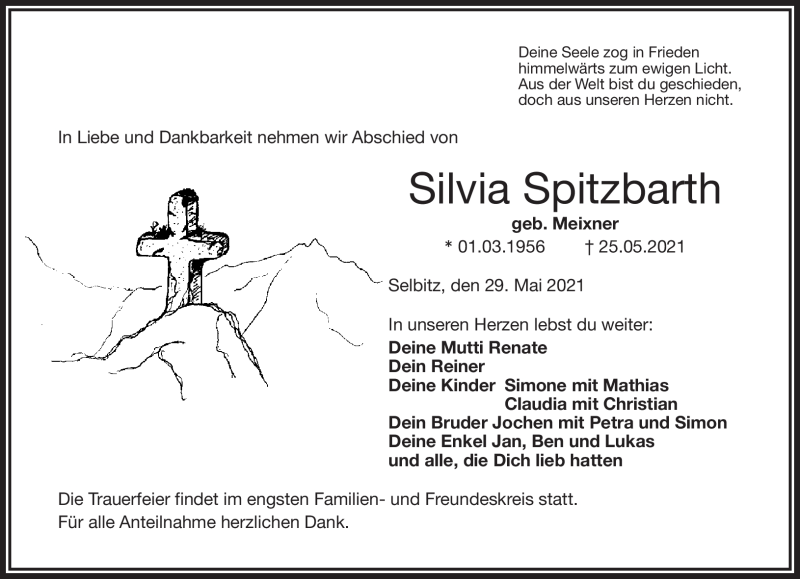  Traueranzeige für Silvia Spitzbarth vom 29.05.2021 aus Frankenpost