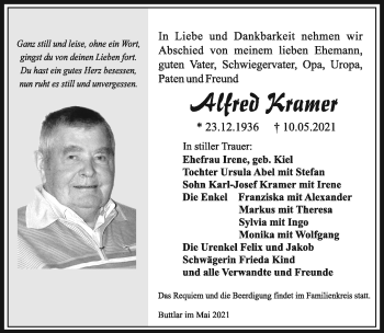 Traueranzeige von Alfred Kramer von Südthüringer Presse