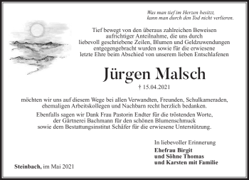 Traueranzeige von Jürgen Malsch von Südthüringer Presse