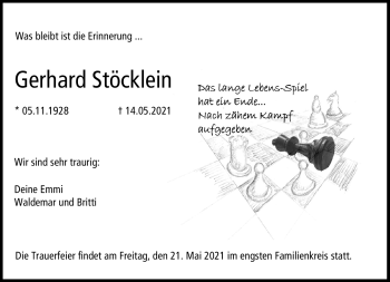 Traueranzeige von Gerhard Stöcklein von Neue Presse Coburg