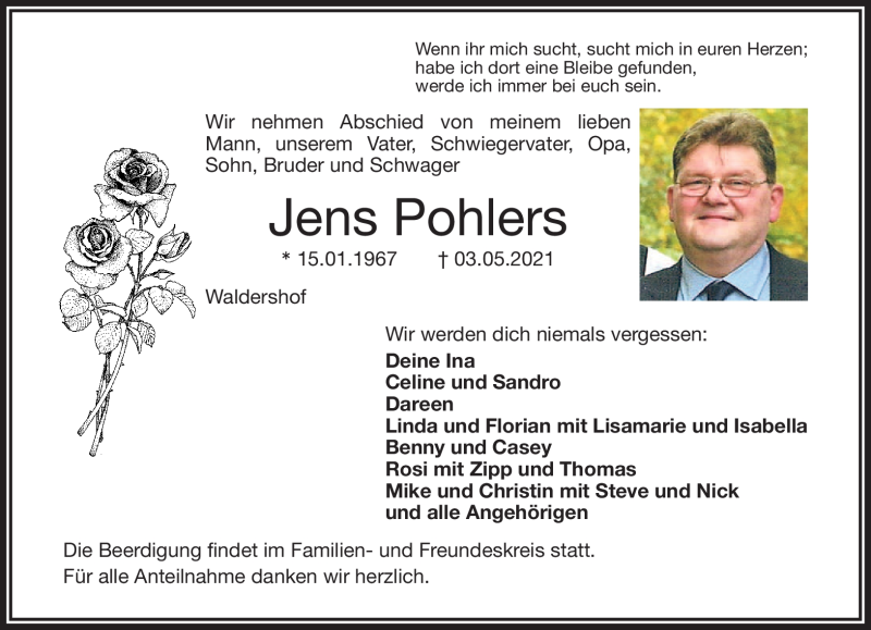  Traueranzeige für Jens Pohlers vom 05.05.2021 aus Frankenpost