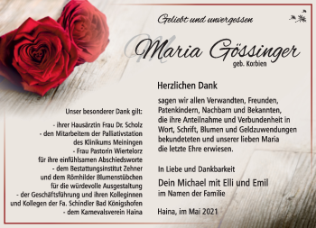 Traueranzeige von Maria Gössinger von Südthüringer Presse