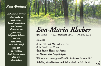 Traueranzeige von Eva-Maria Rheber von Südthüringer Presse