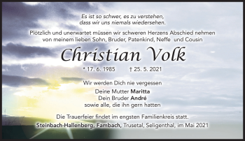 Traueranzeige von Christian Volk von Südthüringer Presse